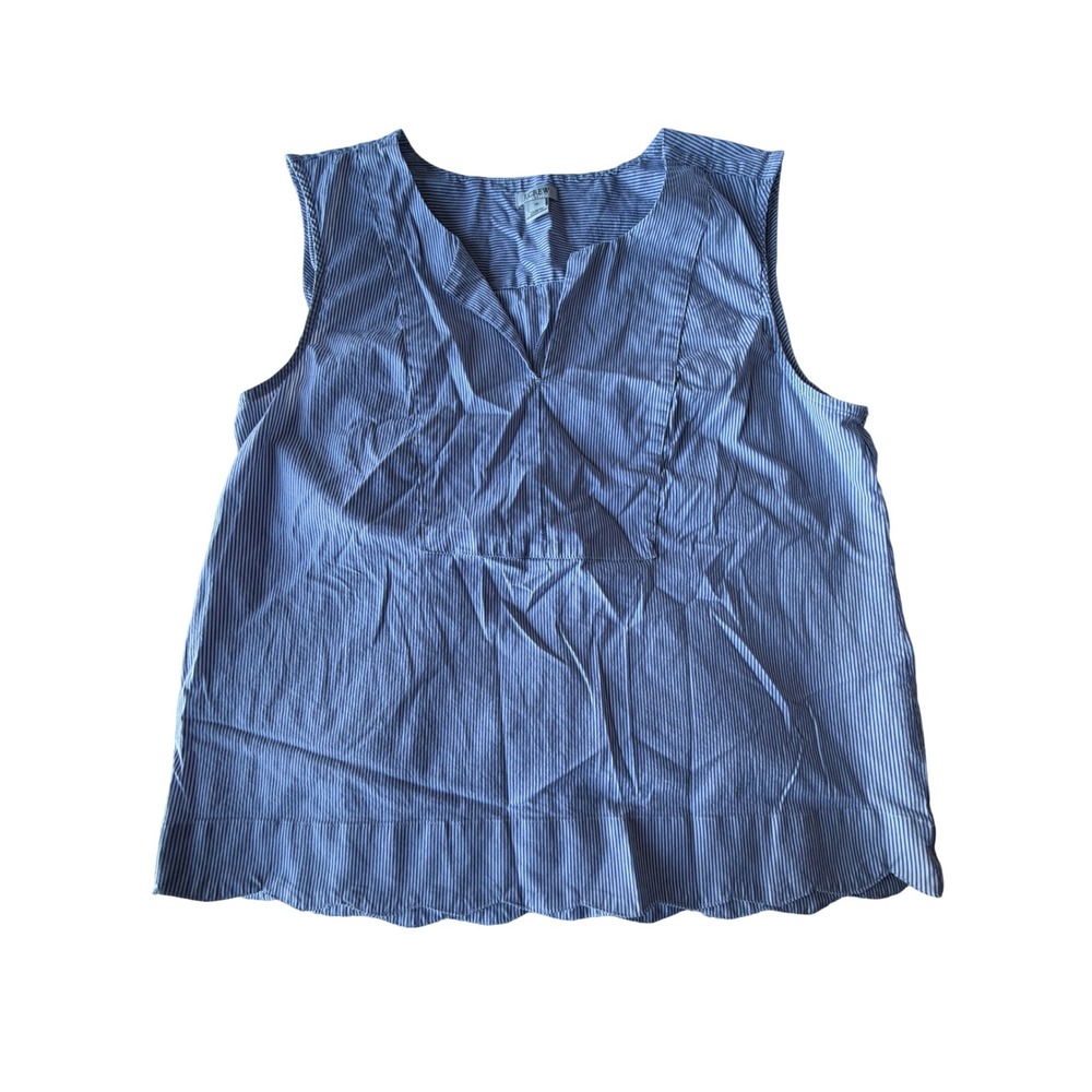 J.Crew Blue White Pinstripe Sleeveless Scalloped Hem Top Blouse J0696 Size M